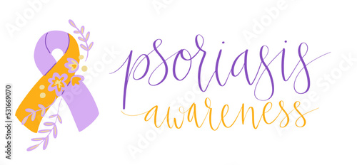 World Psoriasis Day October 29 handwritten lettering. Purple and orange support ribbon. Web banner vector template