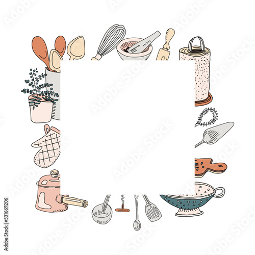 Cooking tools doodle square frame. Vector border with hand drawn kitchen utensils.
