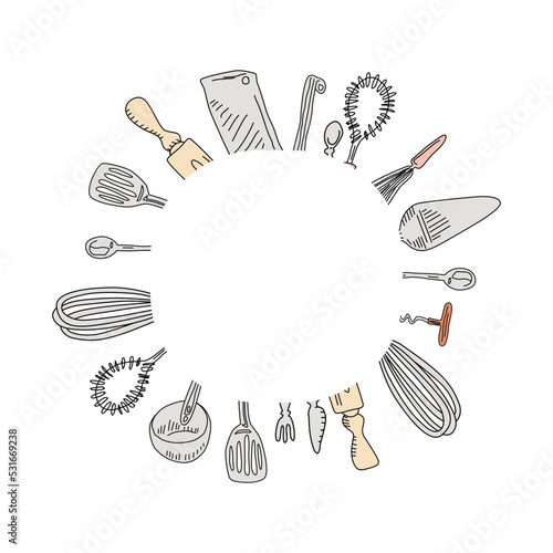Round doodle frame with kitchen utensils vector elements. Cooking tools circle border.