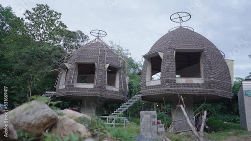 Newly Built And Unfinished Homestay Accommodation In The Ecotourism Village Of Mae Kampong- Chiagmai, Thailand. Pullback Shot
 photo