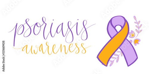 World Psoriasis Day October 29 handwritten lettering. Purple and orange support ribbon. Web banner vector template