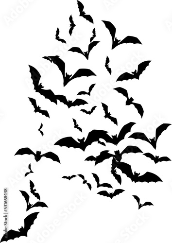 Bat swarm. Flying bat silhouette. Halloween Decoration element.