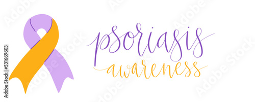 World Psoriasis Day October 29 handwritten lettering. Purple and orange support ribbon. Web banner vector template