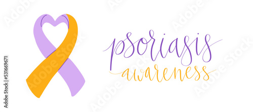 World Psoriasis Day October 29 handwritten lettering. Purple and orange support ribbon. Web banner vector template