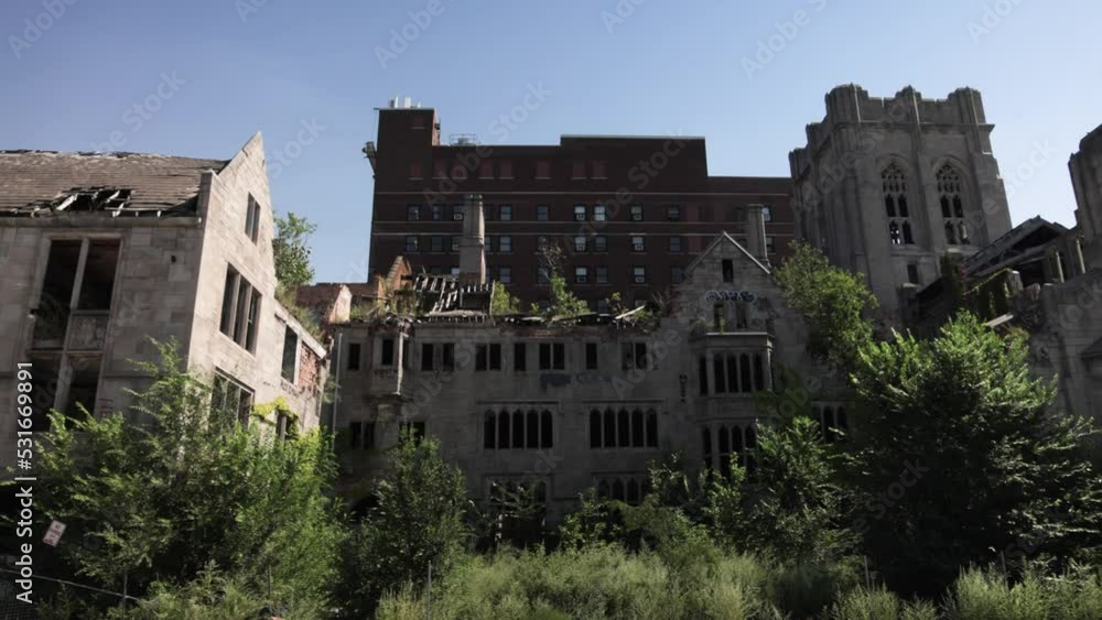 Abandoned historic City Methodist Church in Gary, Indiana with gimbal video wide shot on the side panning left to right. Abandoned historic City Methodist Church in Gary, Indiana with gimbal video wide shot on the side panning left to right.