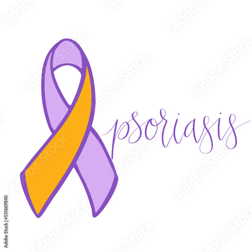 World Psoriasis Day October 29 handwritten lettering. Purple and orange support ribbon. Web banner vector template