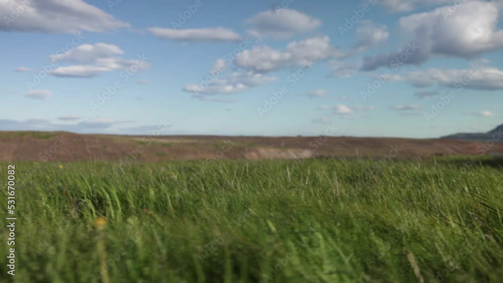 Windy day in rural Iceland showing blue sky with low gimbal video shot moving sideways. Windy day in rural Iceland showing blue sky with low gimbal video shot moving sideways.