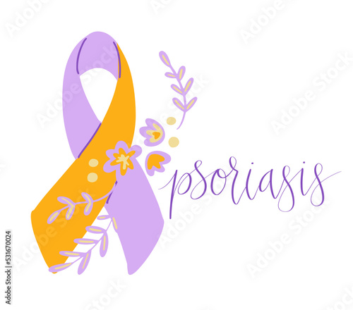 World Psoriasis Day October 29 handwritten lettering. Purple and orange support ribbon. Web banner vector template