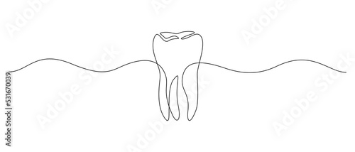 One continuous line drawing of tooth. Dental clinic logo or oral health and hygiene symbol in simple linear style. World Dentist Day icon concept. Editable stroke. Doodle vector illustration