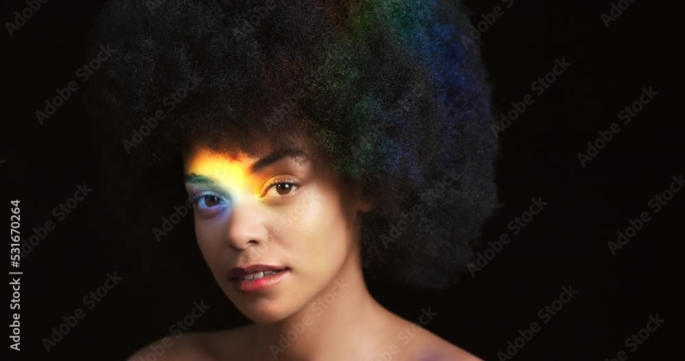 Rainbow light on black woman model with beauty cosmetics skincare glow and nude facial prism makeup tutorial. Happy colorful and creative African girl makeup artist in dark background studio mockup Rainbow light on black woman model with beauty cosmetics skincare glow and nude facial prism makeup tutorial. Happy colorful and creative African girl makeup artist in dark background studio mockup