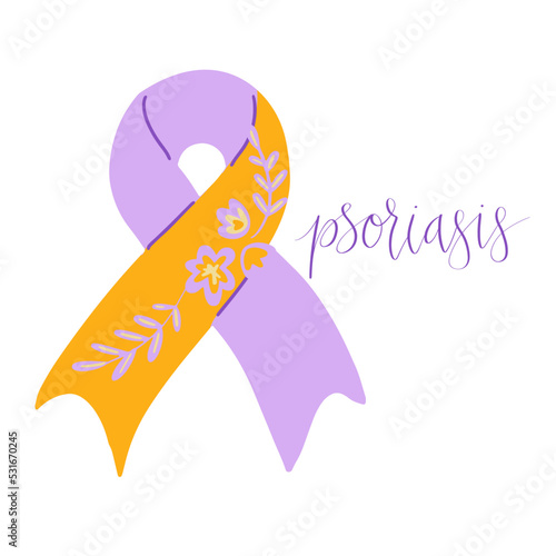 World Psoriasis Day October 29 handwritten lettering. Purple and orange support ribbon. Web banner vector template