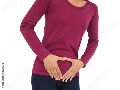 Woman suffering from pelvic pain with uterus and ovaries anatomy. Cause of pain inclued dysmenorrhea, edometriosis, cervical cancer. Health concept. Closeup photo, blurred. photo