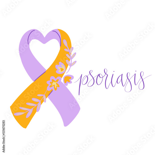 World Psoriasis Day October 29 handwritten lettering. Purple and orange support ribbon. Web banner vector template