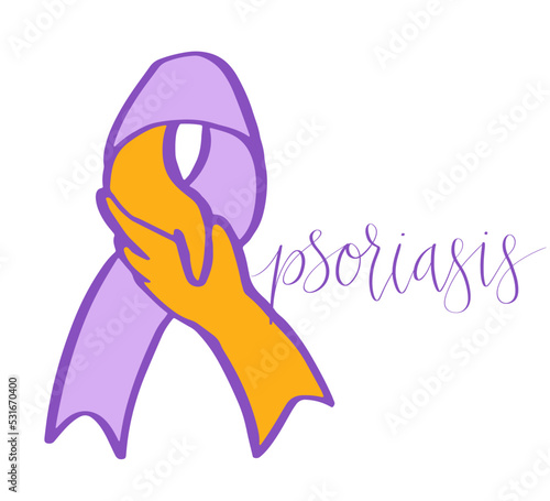 World Psoriasis Day October 29 handwritten lettering. Purple and orange support ribbon. Web banner vector template