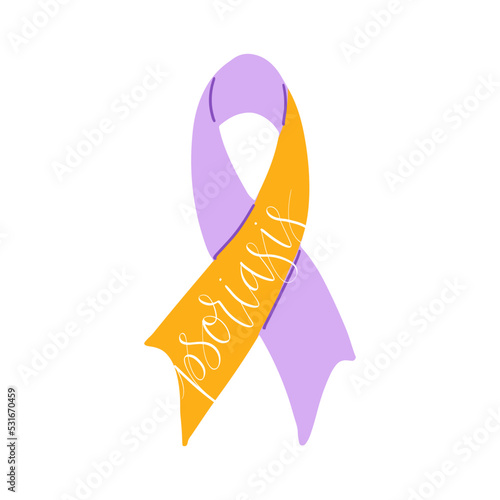 World Psoriasis Day October 29 handwritten lettering. Purple and orange support ribbon. Web banner vector template