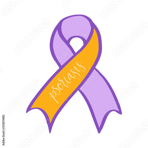 World Psoriasis Day October 29 handwritten lettering. Purple and orange support ribbon. Web banner vector template
