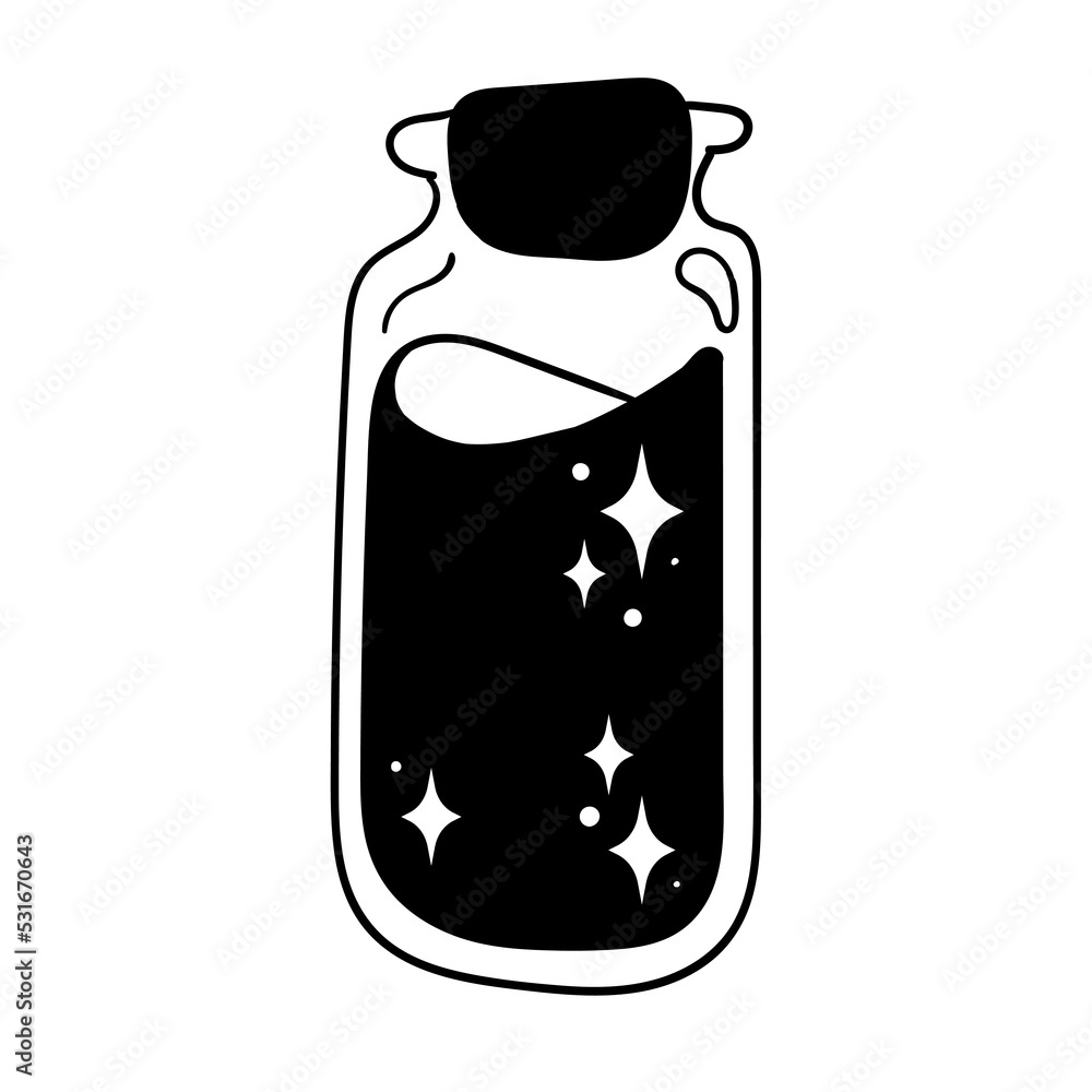 Space potion in a round glass bottle. Black and white vector clipart. Space potion in a round glass bottle. Black and white vector clipart.