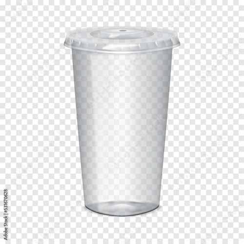 Clear empty plastic cup with flat lid on transparent background realistic mock-up. Takeaway drink mug vector mockup. Template for design