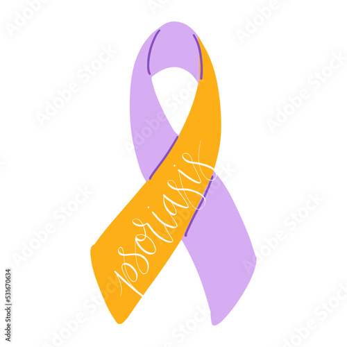 World Psoriasis Day October 29 handwritten lettering. Purple and orange support ribbon. Web banner vector template
