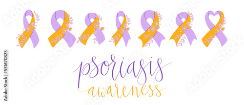 World Psoriasis Day October 29 handwritten lettering. Purple and orange support ribbon. Web banner vector template