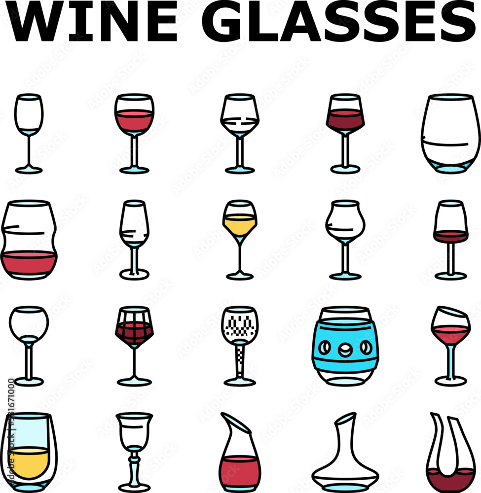 wine glass red drink alcohol icons set vector. cup bar, merlot party, cabernet bottle, champagne liquid, restaurant, goblet wine glass red drink alcohol color line illustrations wine glass red drink alcohol icons set vector. cup bar, merlot party, cabernet bottle, champagne liquid, restaurant, goblet wine glass red drink alcohol color line illustrations