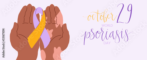 World Psoriasis Day October 29 handwritten lettering. Purple and orange support ribbon. Web banner vector template