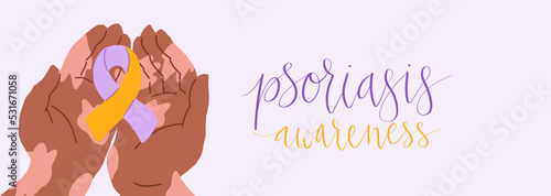 World Psoriasis Day October 29 handwritten lettering. Purple and orange support ribbon. Web banner vector template