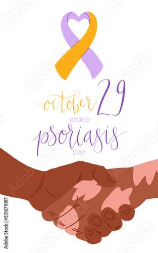 World Psoriasis Day October 29 handwritten lettering. Purple and orange support ribbon. Web banner vector template