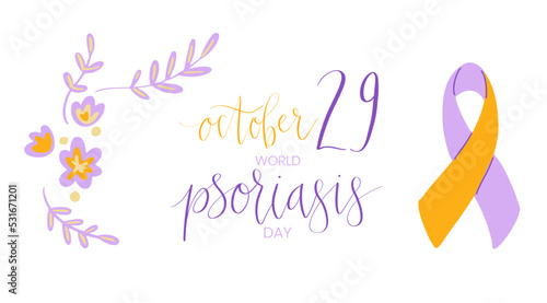 World Psoriasis Day October 29 handwritten lettering. Purple and orange support ribbon. Web banner vector template