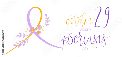 World Psoriasis Day October 29 handwritten lettering. Purple and orange support ribbon. Web banner vector template