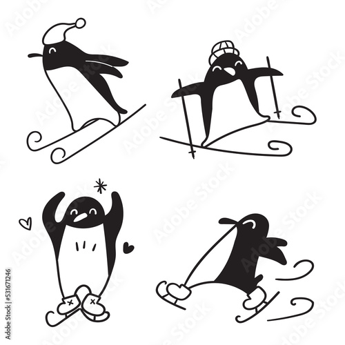 Outline icons. Ice skating and skiing penguins. Vector illustrations on white background. 