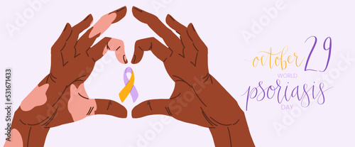 World Psoriasis Day October 29 handwritten lettering. Purple and orange support ribbon. Web banner vector template