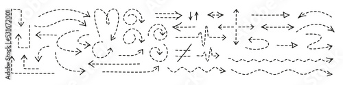 Dash arrows set. Isolated doodle vector arrow collection. Thin dot lines on white background