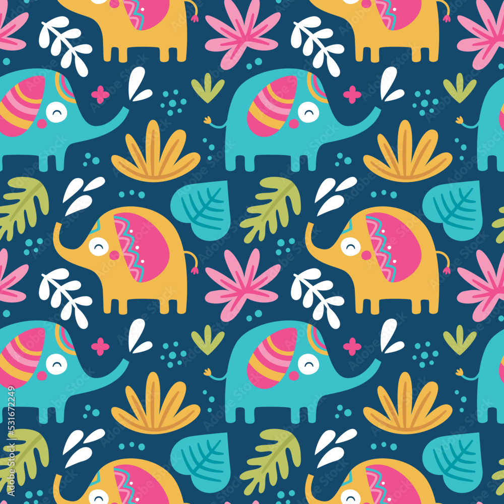 Seamless cute vector tropical pattern with elephants, leaves, birds, plants, branches Seamless cute vector tropical pattern with elephants, leaves, birds, plants, branches