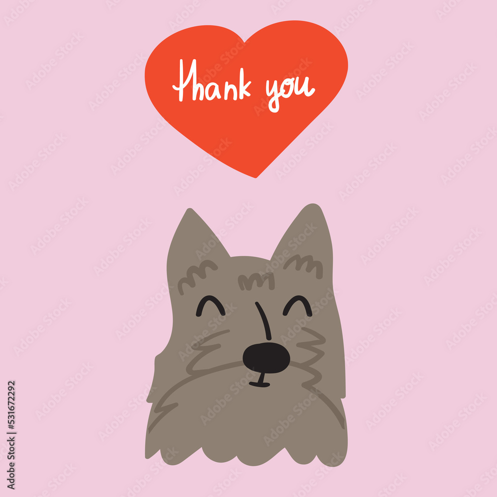 Face of Scottish Terrier and red heart above it with phrase - thank you. Vector illustration on pink background. Face of Scottish Terrier and red heart above it with phrase - thank you. Vector illustration on pink background.