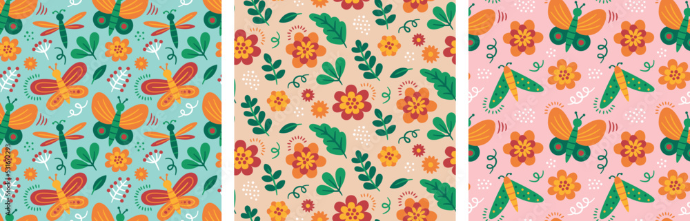 Set of seamless vector cute floral spring patterns with insects, butterfly, flowers, plants, leaves