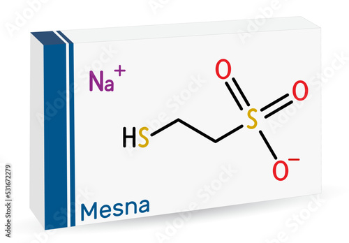 Mesna molecule. It is used to reduce the negative effects of some anticancer drugs on the bladder. Skeletal chemical formula. Paper packaging for drugs
