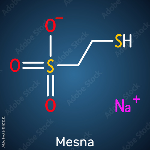 Mesna molecule. It is used to reduce the negative effects of some anticancer drugs on the bladder. Structural chemical formula on the dark blue background photo