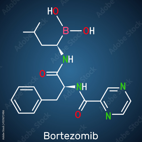 Bortezomib molecule. It is anticancer medication used to treat multiple myeloma and mantle cell lymphoma. Structural chemical formula on the dark blue background