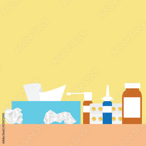 A table during a cold or flu. Box with dry wipes. Use wrinkled napkins. Tablets, spray, nose drops, medicine jar