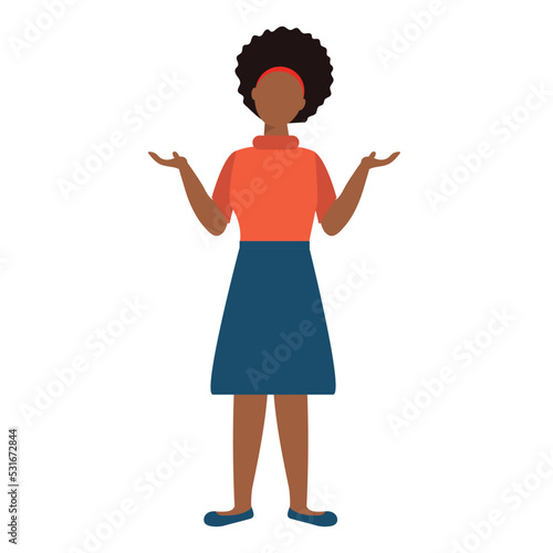 African American woman spreads her hands. Oops. I don't know. Sorry. Full body woman in skirt isolated on white background. Vector illustration.