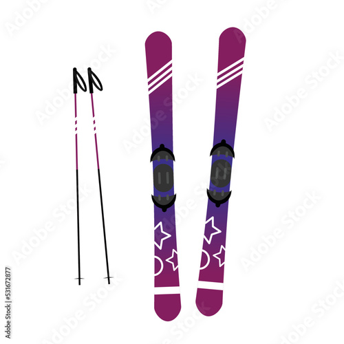 Purple alpine skis and sticks vector illustration isolated on white background. Winter sport. Equipment for skiing.