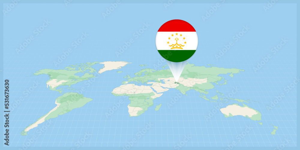 Naklejka premium Location of Tajikistan on the world map, marked with Tajikistan flag pin.