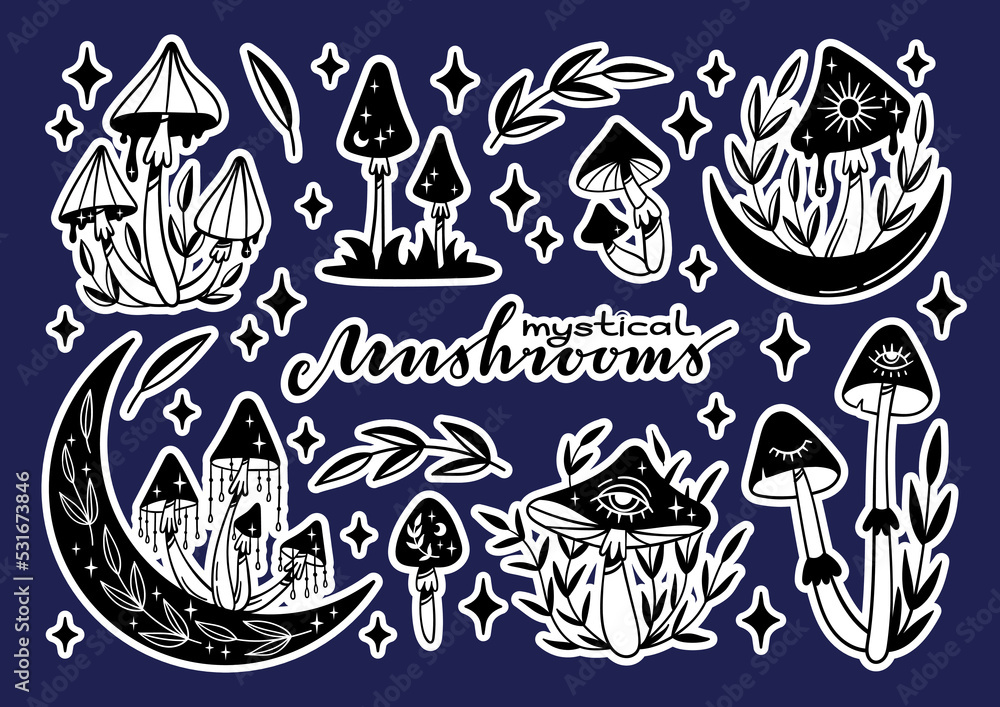 Vector big set of mystical mushrooms stickers with a white outline. Black and white isolated elements on a colored background.