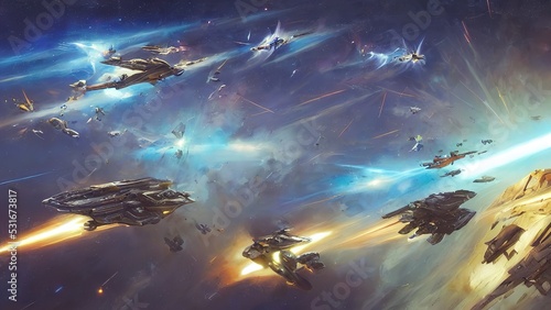 Tablou canvas Space battle of spaceships and battle cruisers, laser shots sparks and explosions