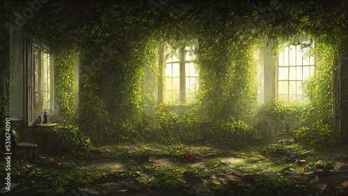 Windows of empty abandoned house palace overgrown with vegetation, ivy and vines from inside. Magical fabulous house windows in room. Building is captured by nature and vegetation. 3d illustration photo