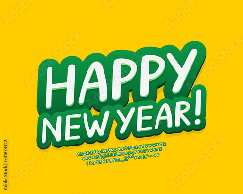 Winter banner Happy New Year with 3d white green font on yellow background