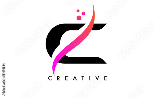 C Letter Logo Design with Elegant Creative Swoosh and Dots Vector