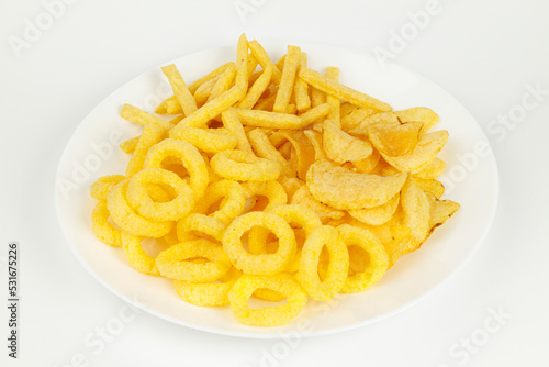 A plate of crispy snacks on a white background.