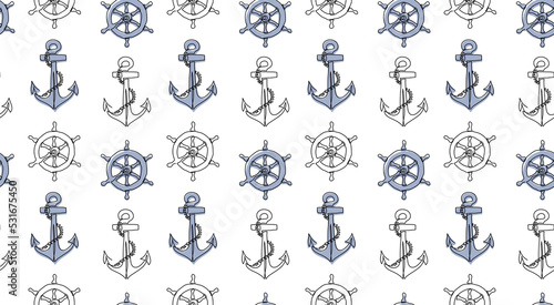 Fényképezés Marine vector pattern with anchor and steering wheel